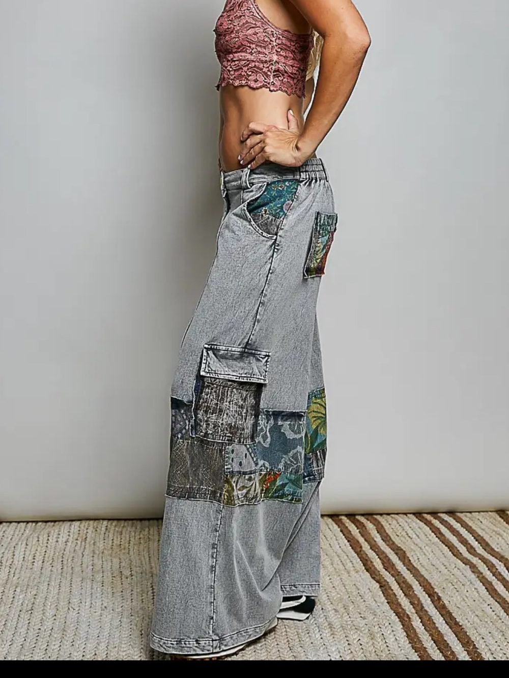 New nwt POL Wide Leg Patchwork Gray Women's pants jeans S M L - Picture 2 of 4